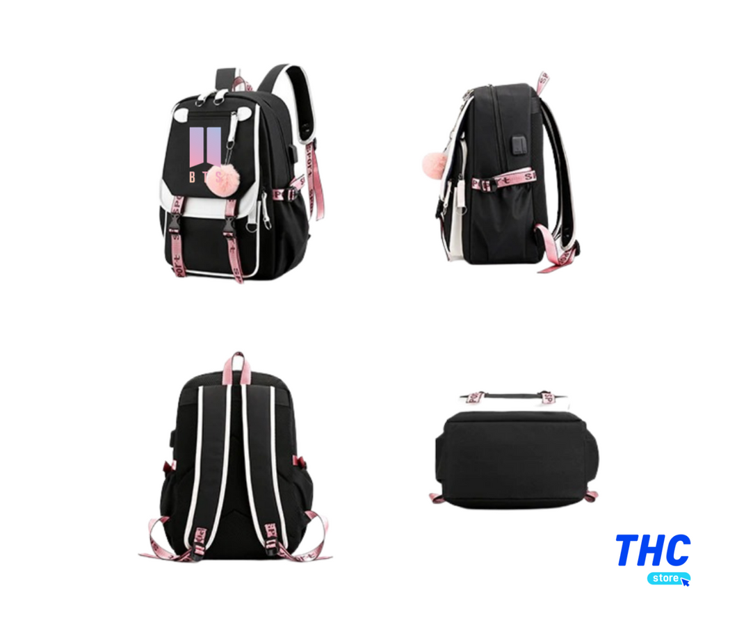 MOCHILA BTS COLOR BLANCO Y NEGRO